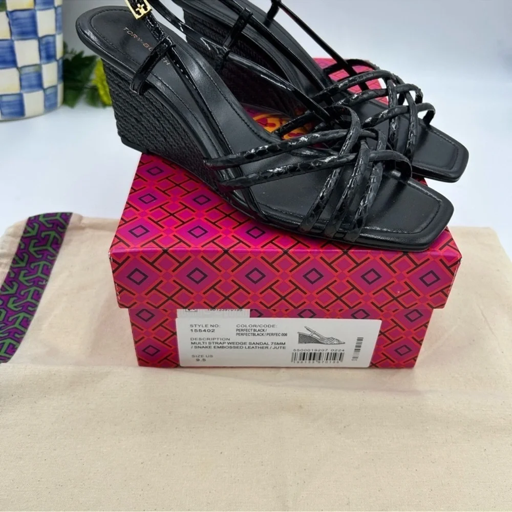 Women’s Tory Burch, multi strap wedge sandal snake embossed 75MM size 9.5